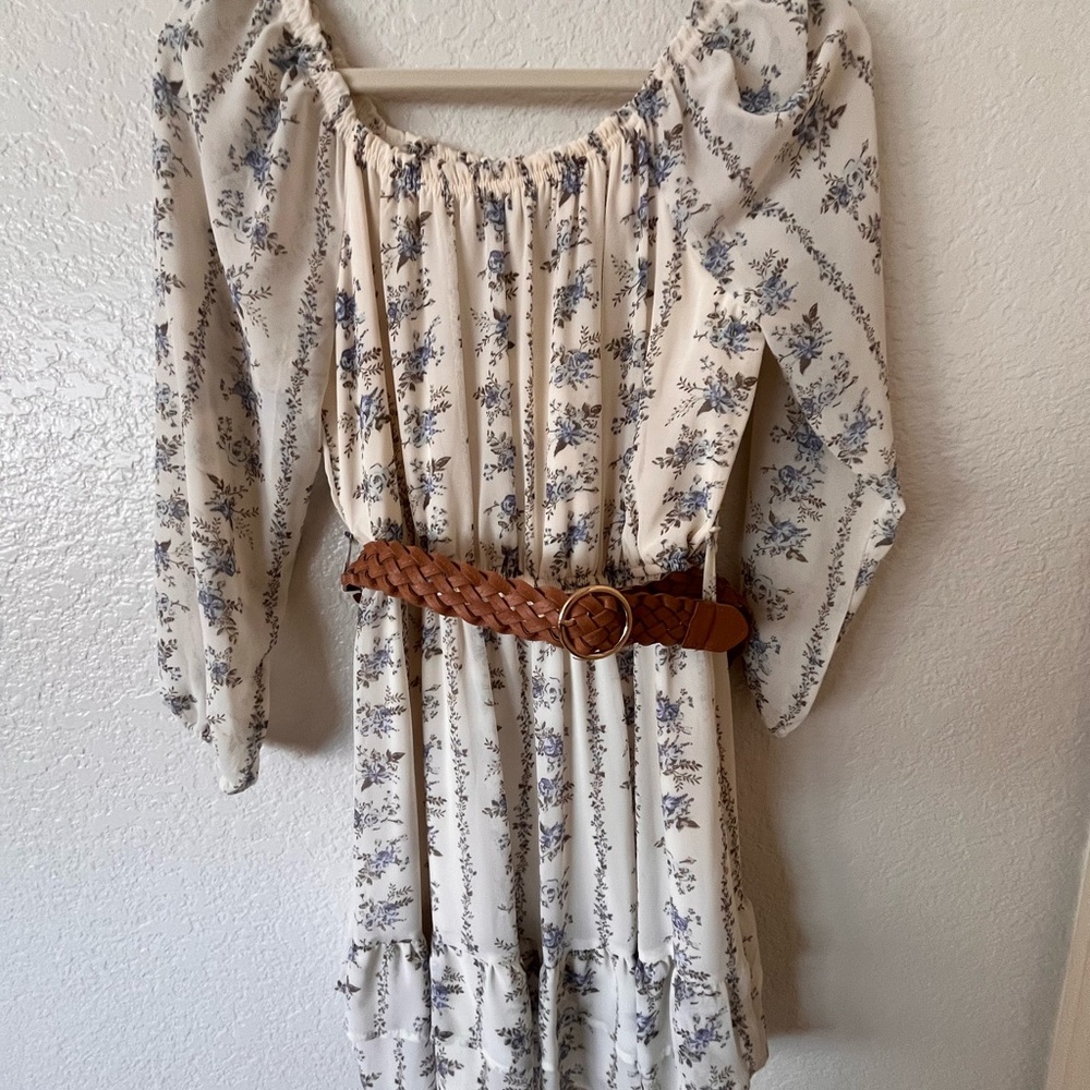 Wallflower Blue Floral Long Sleeve Dress with Brown Belt